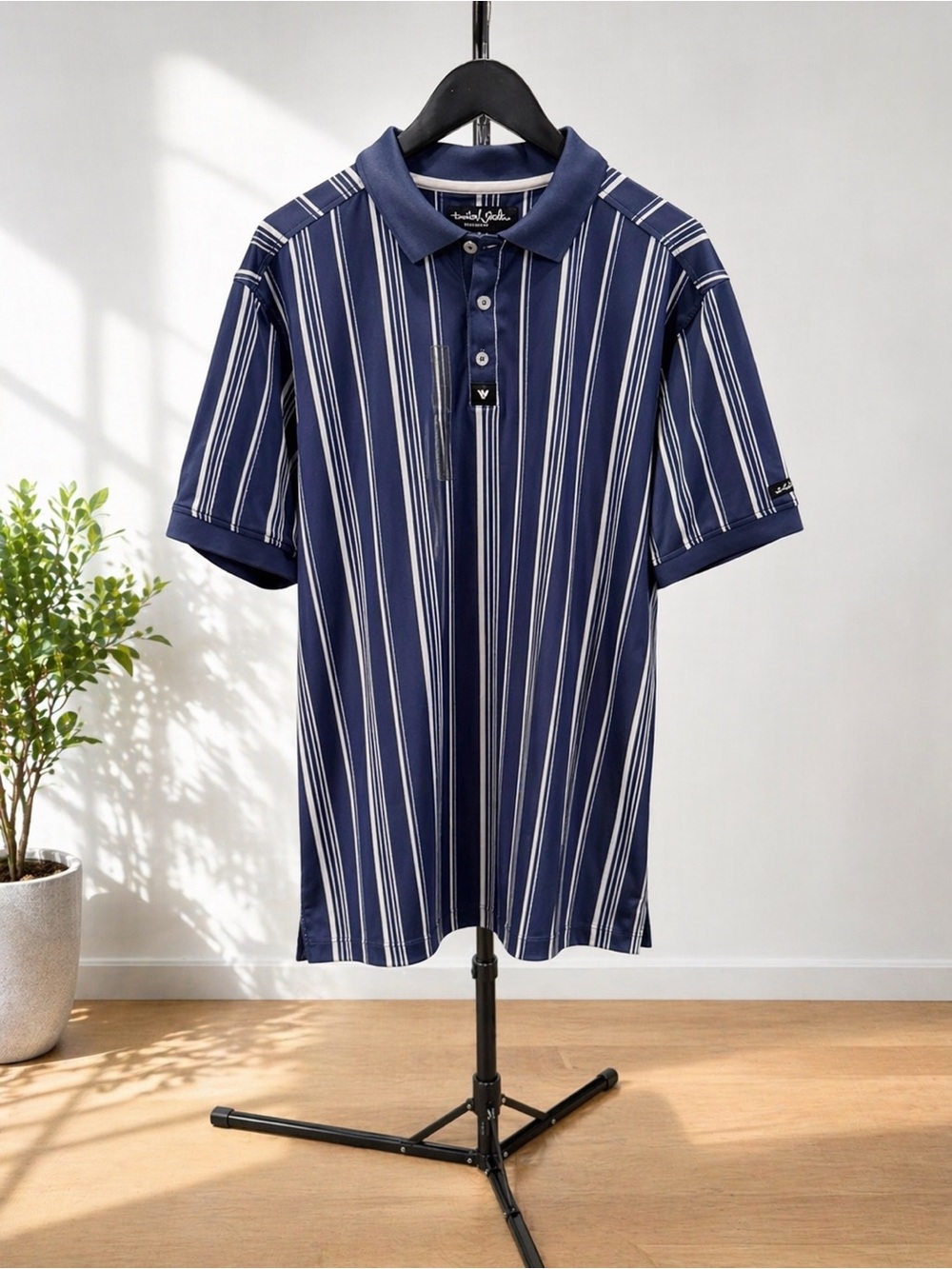 Bad Birdie Navy & White Vertical Stripe Polo